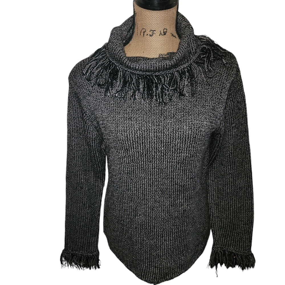 Vintage 80s Mark Alan MEDIUM Fringed Sweater Shoulder Pads Cozycore Cowgirlcore